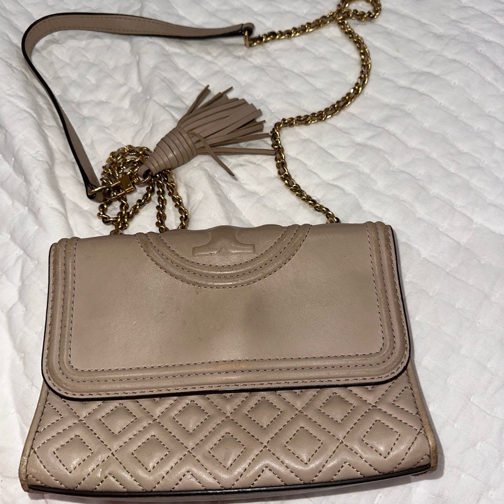 Tory Burch Taupe Quilted Crossbody Bag